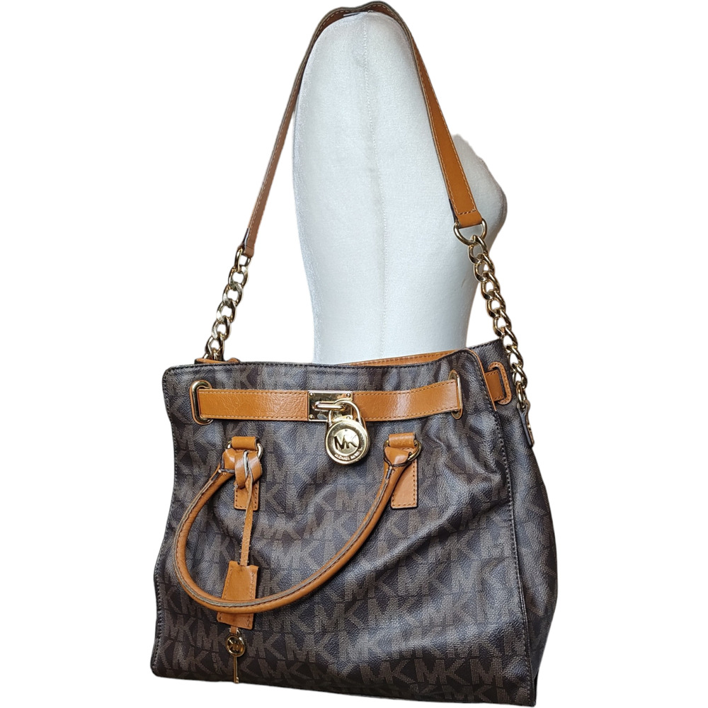 Michael Kors Hamilton Large Satchel Tote Brown Signature Shoulder Double Handle